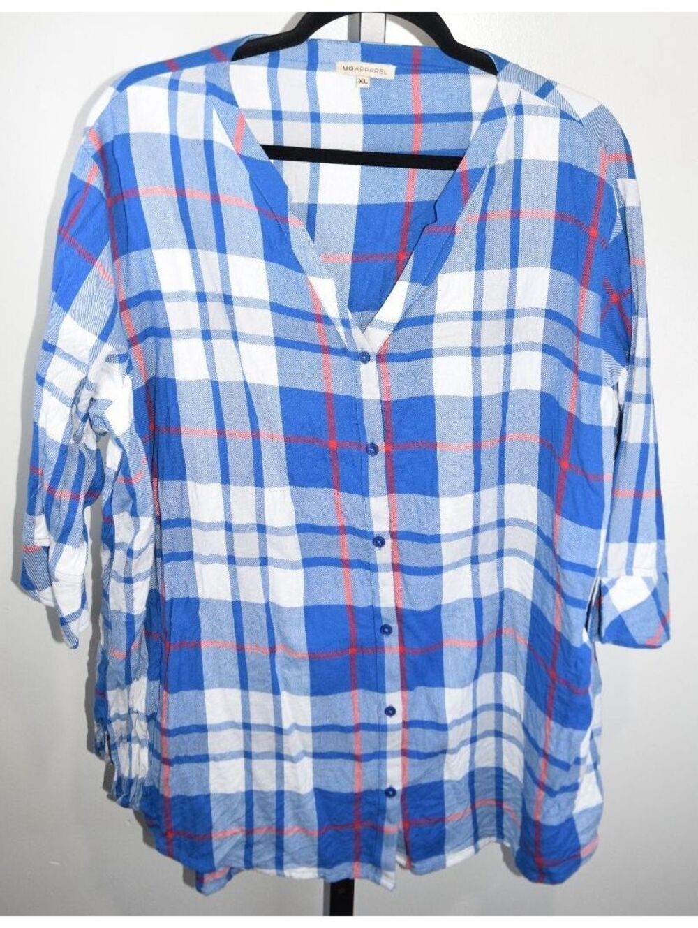 UG Apparel Kansas Jayhawks Blue Plaid Flannel Button-Up Shirt 3/4 Sleeve Size XL